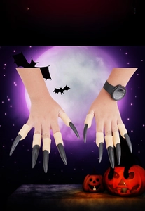 Detailed view of Halloween creepy black claw finger covers set on hand for costume