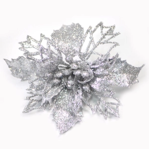 Sparkling silver glitter poinsettia flower ornament with hollowed-out Christmas petals