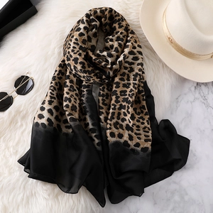 Long leopard print and black gradient chiffon scarf for women elegant fashion pashmina shawl