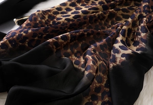 Detail of leopard print silk scarf with black splicing on white faux fur background