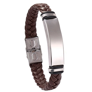 Brown braided leather bracelet for men featuring a polished stainless steel metal plate