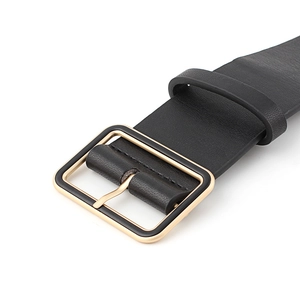Elegant women's black leather wide belt with a polished gold rectangular metal buckle