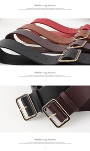 Detailed view of women wide belts with gold square buckles in black brown and red colors