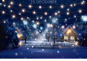 Detail of 3D Christmas card showing a snowy night with glowing lights and a cozy cabin