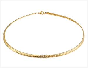 Detail of 4mm gold titanium flat snake chain necklace with faceted texture and lobster clasp