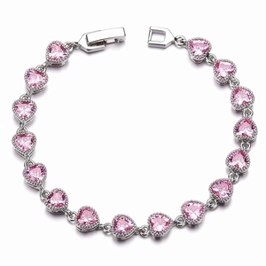 Elegant silver bracelet with fourteen heart-shaped pink AAA zircons and a secure folding clasp