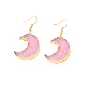 Pink crescent moon drop earrings with gold-plated edges and vintage style hooks
