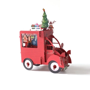 3D pop-up Christmas truck card with tree and dog, festive cutout paper greeting card