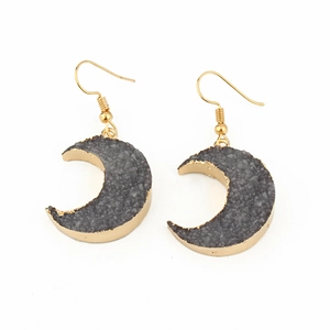 Bohemian moon drop earrings with gold crescent frame and dark grey crystal stone