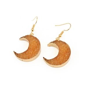 Vintage crescent moon dangle earrings with gold alloy hooks and brown resin stones