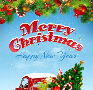 Detail of 3D pop-up Christmas card featuring a red truck and festive holiday greetings