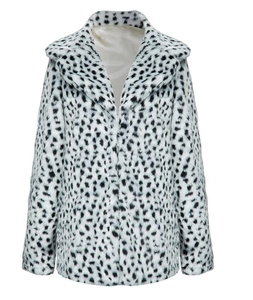 Detailed texture of mid-length faux fur coat featuring black and white leopard print spots