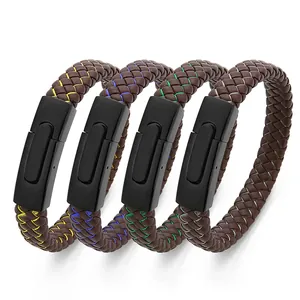 Close-up of four braided leather bracelets with colorful stitching and metal clasps