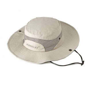 Beige cotton wide brim sun hat with breathable mesh and adjustable chin strap