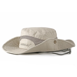 Breathable cotton bucket hat with mesh panels and adjustable chin strap for outdoors