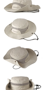 Detail of beige cotton bucket hat with breathable mesh and adjustable windproof rope
