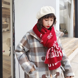 Winter knitted Christmas scarf in red with white snowflake patterns for men and women