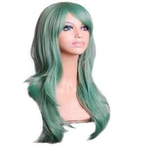 Detail of 70cm turquoise wavy synthetic hair wig with side bangs on a mannequin head