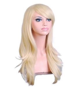 Detailed view of long light blonde straight wig with side bangs on professional mannequin