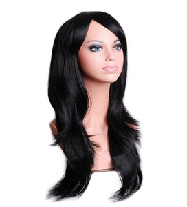 Detailed close-up of 70cm long wavy black synthetic wig on mannequin with studio lighting
