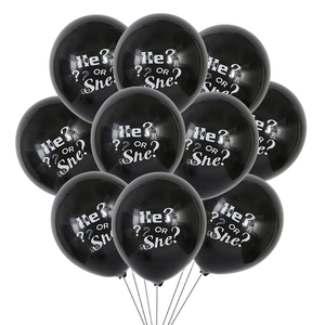 Gender reveal party black latex balloons set with white He or She prints