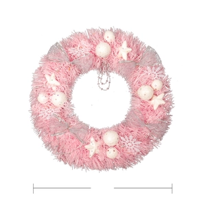 Pink Christmas wreath with white stars, silver bows and snowflakes on white background