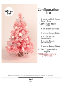 Detail list of 60cm pink flocked Christmas tree with silver ornaments and LED lights
