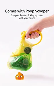 Handheld yellow pet pooper scooper with black grip showing waste bag usage detail