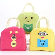 Three cute cartoon insulated lunch bags in pink strawberry, green frog, and yellow minion