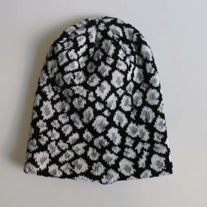 Winter leopard print knit beanie hat in black and grey for outdoor warmth and style