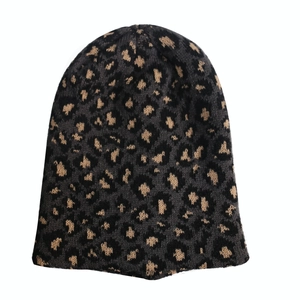Winter leopard print knit beanie in black and brown with soft thermal yarn