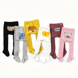 Detailed knit of multi-color infant leggings with cute cartoon animal face patches