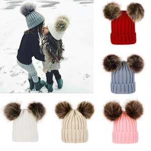 Baby Beanie Hat Double Faux Fur Pom Poms Acrylic Knit Winter Warm Ear Protection Ribbed Infant Toddler Cold Weather