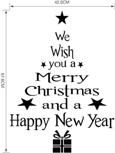 Christmas tree wall sticker with holiday greetings and size dimensions of 42.5x57.6cm