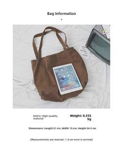 Detailed size chart of large brown canvas tote bag with iPad for scale comparison