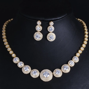 Close-up of bridal jewelry set with micro-paved cubic zirconia on black neck mannequin