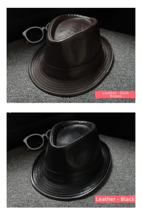 Detail view of classic faux leather Fedora hats in dark coffee and black colors