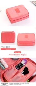 Internal layout detail of pink travel wash bag with brush slots and mesh pocket