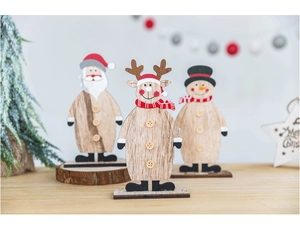 Detailed view of wooden Santa, reindeer and snowman ornaments with natural wood grain texture