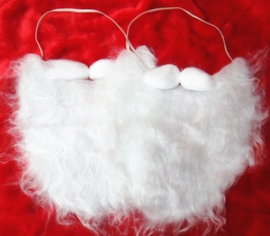 Front view of white plush Santa Claus beard set with elastic straps on red background