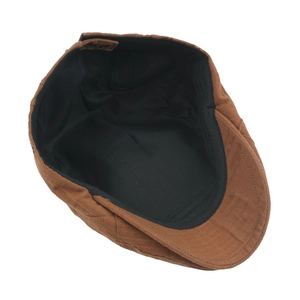 Brown pleated newsboy cap for men and women featuring adjustable metal buckle and black lining