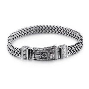 Men's double row chain punk bracelet in silver stainless steel with Ankh box clasp