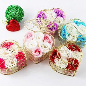 Heart-shaped gold wire baskets with colorful soap roses for Valentine's Day gift