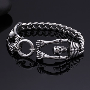 Punk gothic skull and rib bone link bracelet for men in polished stainless steel