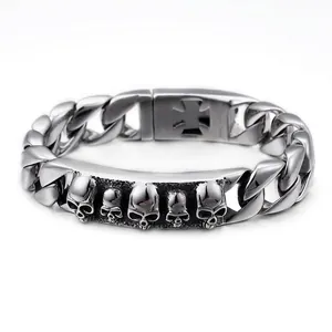 Men Skull Bracelet 316L Stainless Steel Punk Gothic Cuban Link Heavy Metal Biker Rock Jewelry Vintage Silver
