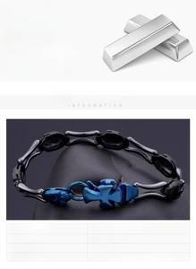 Detail of blue and black 316L stainless steel cross bracelet on dark stone background