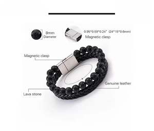 Detail of double-layer men's bracelet with black lava stone and woven leather cord