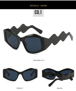 Detailed views of irregular sunglasses with unique wavy temples and dark lenses