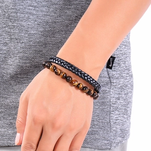 Tiger eye stone and black braided leather double-layer men's bracelet with magnetic clasp