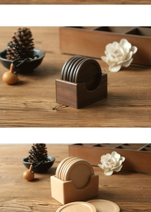 Japanese black walnut wooden coaster set with round mats and square storage box